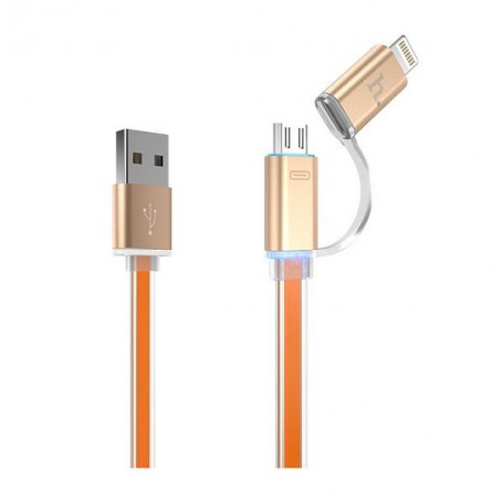 Kullan värinen Micro-USB ja Lightning kaapeli.