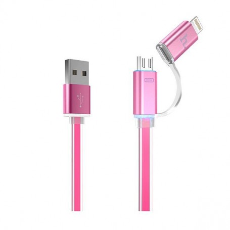 Pinkki Micro-USB ja Lightning kaapeli.