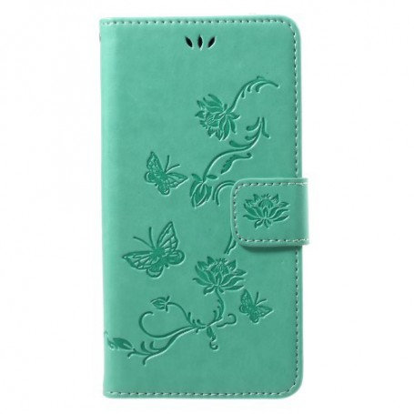 Huawei P10 Lite vihreä kukkia ja perhosia puhelinlompakko