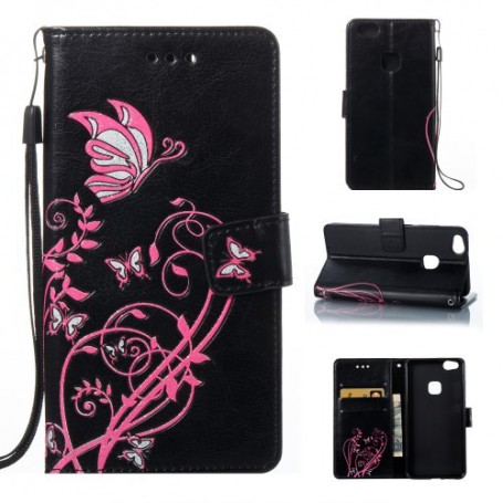 Huawei P10 Lite musta kukkia ja perhosia puhelinlompakko