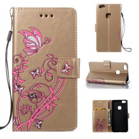 Huawei P10 Lite kullanvärinen kukkia ja perhosia puhelinlompakko