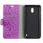 Nokia 2 violetti kuvioitu suojakotelo – kotelosta löytyy korttipaikat ja setelitasku