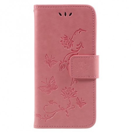 Huawei P9 Lite Mini vaaleanpunainen kukkia ja perhosia suojakotelo