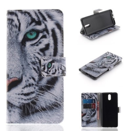 Nokia 3.1 (2018) valkotiikeri suojakotelo – kotelosta löytyy korttipaikat ja setelitasku