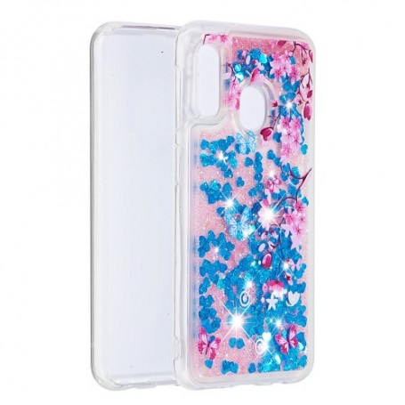 Samsung Galaxy A20e glitter hile kukkia ja perhosia suojakuori