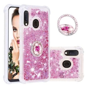 Samsung Galaxy A20e pinkki glitter hile sormuspidike suojakuori – huolella viimeistelty tuote lähikuvassa