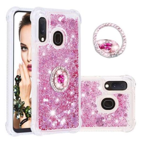 Samsung Galaxy A20e pinkki glitter hile sormuspidike suojakuori – huolella viimeistelty tuote lähikuvassa
