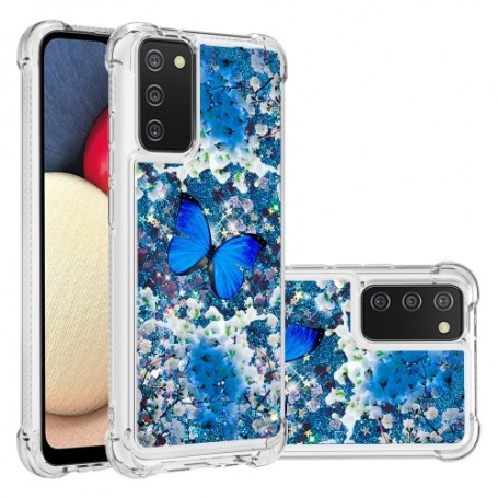 Samsung Galaxy A02s glitter hile sininen perhonen suojakuori