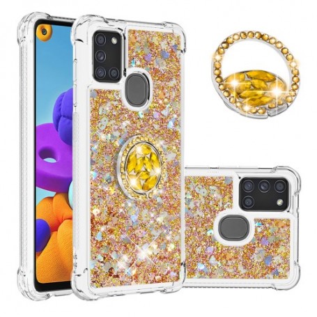 Samsung Galaxy A21s kulta glitter hile sormuspidike suojakuori