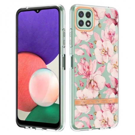 Samsung Galaxy A22 5G läpinäkyvä vaaleanpunaiset kukat suojakuori.