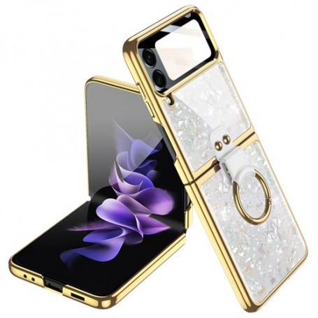 Samsung Galaxy Z Flip4 hopeanvärinen marmori suojakuori sormuksella.