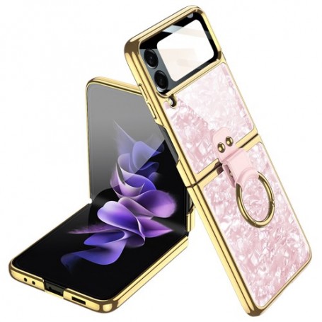 Samsung Galaxy Z Flip4 ruusukulta marmori suojakuori sormuksella.