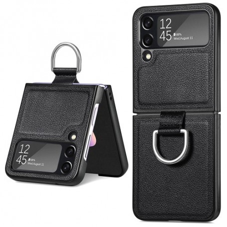 Samsung Galaxy Z Flip4 musta nahkasuojakuori sormuksella.