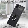 Samsung Galaxy Z Flip4 musta nahkasuojakuori sormuksella.