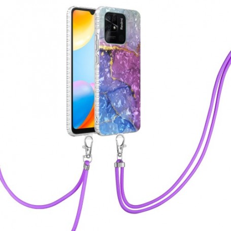 Xiaomi Redmi 10C violetti marmori suojakuori kaulanauhalla.