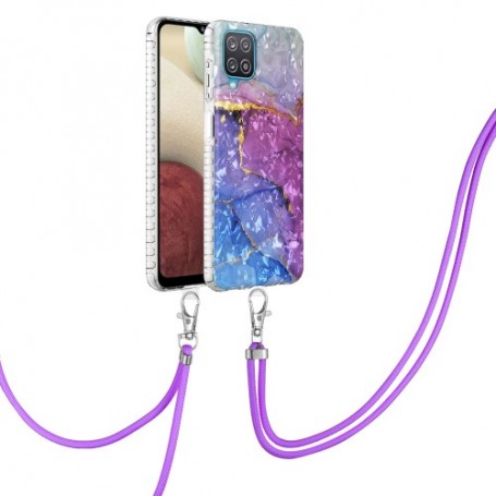 Samsung Galaxy A12 violetti marmori suojakuori kaulanauhalla.