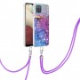 Samsung Galaxy A12 violetti marmori suojakuori kaulanauhalla.