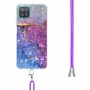 Samsung Galaxy A12 violetti marmori suojakuori kaulanauhalla.