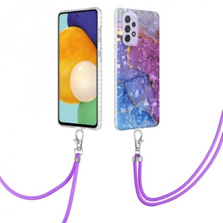 Samsung Galaxy A33 5G violetti marmori suojakuori kaulanauhalla.