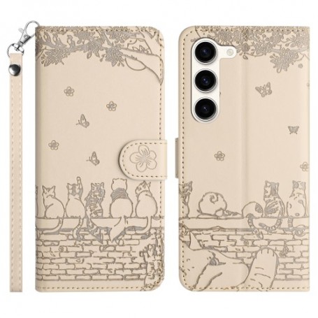 Samsung Galaxy S23 5G beige kissat suojakotelo – lompakkomallinen avattava kannellinen suojakotelo
