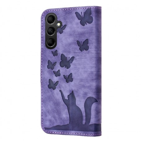 Samsung Galaxy A14 violetti kissa ja perhoset suojakotelo