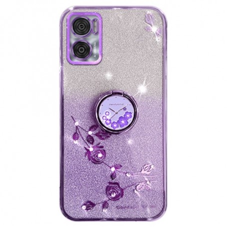 Motorola Moto E22 violetti glitter kukka sormuspidike suojakuori