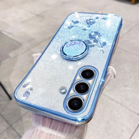 Samsung Galaxy A05s vaaleansininen glitter kukka sormuspidike suojakuori – joustvasta ja kestävästä muovista valmistettu suojaku