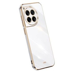 OnePlus 12R valkoinen suojakuori kullanvärisillä reunuksilla – laadukas rakenne näkyy lähikuvasta