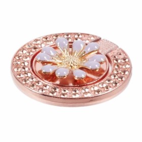 Ruusukultainen sormuspidike – kukkakoriste ja strassireunus.