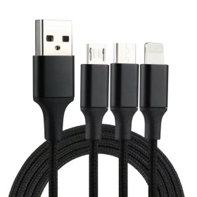 3-in-1 punottu musta USB latauskaapeli
