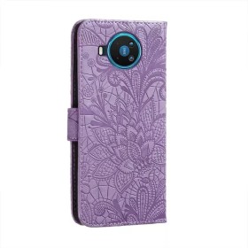 Nokia 8.3 5G violetti kukka suojakotelo – kannellinen puhelinlompakko tuotekuvassa