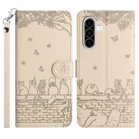 Samsung Galaxy A36 / A56 beige kissa suojakotelo – lompakkokotelo tyylikkäästi esillä