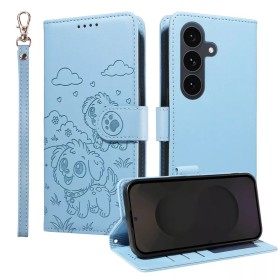 Samsung Galaxy S25 FE vaaleansininen koirakuvio lompakkokotelo – etu/takasivu, jalusta ja rannelenkki