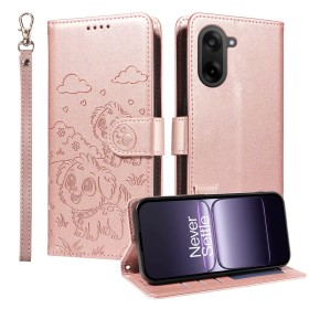 OnePlus Nord CE5 5G ruusukulta koirakuvio lompakkokotelo – etu/takasivu, jalusta ja rannelenkki