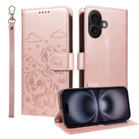 iPhone 16 ruusukulta koirakuvio lompakkokotelo – etu/takasivu, jalusta ja rannelenkki