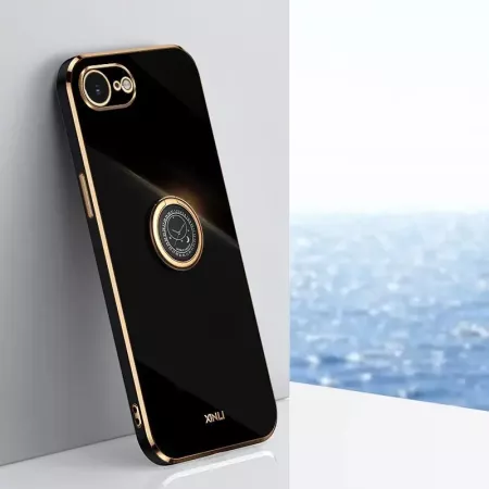 iPhone 16e musta sormuspidike suojakuori – kiiltävä pinta ja kultaiset reunat