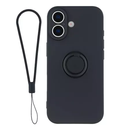 iPhone 17 musta sormuspidike suojakuori rannenauhalla – takanäkymä, rengastuki ja rannehihna.