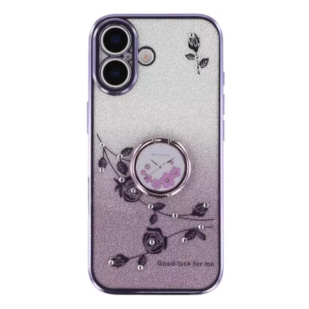 iPhone 17 violetti glitter kukka sormuspidike suojakuori – kimalteleva violetti tausta, kukkakoristeet ja jalustaksi kääntyvä re