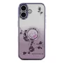 iPhone 17 violetti glitter kukka sormuspidike suojakuori – kimalteleva violetti tausta, kukkakoristeet ja jalustaksi kääntyvä re