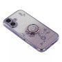 iPhone 17 violetti glitter kukka sormuspidike suojakuori – viistosta kuvattu, kimalteleva viimeistely.