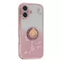 iPhone 17 ruusukulta glitter kukka sormuspidike suojakuori – viistokuva, kimalteleva liukuväri ja sormusrengas.