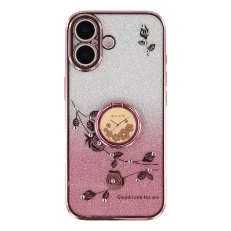 iPhone 17 ruusukulta glitter kukka sormuspidike suojakuori – ruusukullan sävy, kukkakuvio ja jalustaksi kääntyvä rengas.