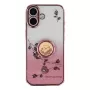 iPhone 17 ruusukulta glitter kukka sormuspidike suojakuori – ruusukullan sävy, kukkakuvio ja jalustaksi kääntyvä rengas.