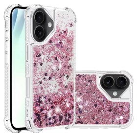 iPhone 17 pinkki glitter hile suojakuori – kirkas TPU-kehys ja liikkuvat pinkit glitterhileet edessä & takana.