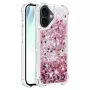 iPhone 17 pinkki glitter hile suojakuori – viistokuva, korotetut reunat kameran ympärillä.