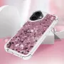 iPhone 17 pinkki glitter hile suojakuori – tunnelmakuva vaaleanpunaisella taustalla.