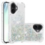 iPhone 17 hopea glitter hile suojakuori – kirkas TPU-kehys ja hopeansävyiset liikkuvat glitterhileet.