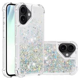 iPhone 17 hopea glitter hile suojakuori – kirkas TPU-kehys ja hopeansävyiset liikkuvat glitterhileet.