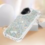 iPhone 17 hopea glitter hile suojakuori – tunnelmakuva neutraalilla taustalla.