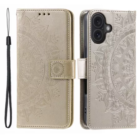 iPhone 17 kullanvärinen mandala suojakotelo – etu- ja takakansi, kohopuristettu mandala ja rannenauha.